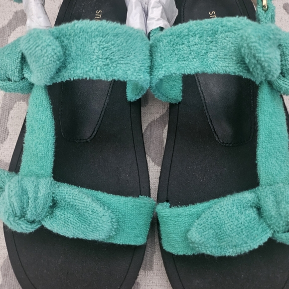 Stuart Weitzman Bandeau Terry Cloth Bow Green Black Gold Open Toe Sandal NEW - Picture 14 of 15